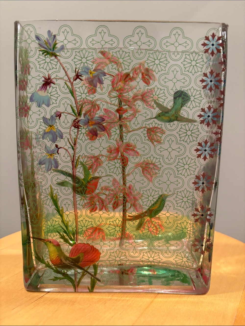 Decorative Clear Glass Vase with Floral and Bird Motif - Multicolor